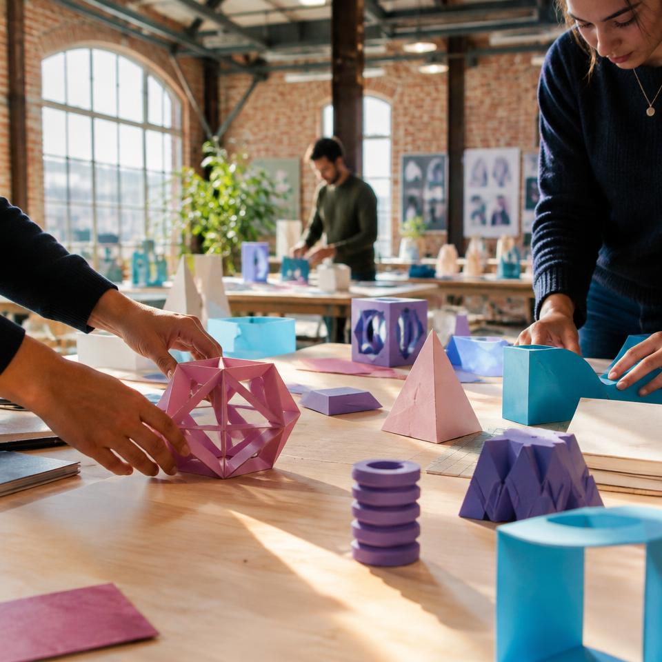 Mãos trabalhando com protótipos geométricos